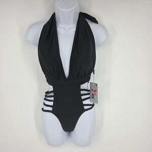 Vira Womens Black Halter One Piece Swimsuit Strappy Side Cutout Monokini NEW